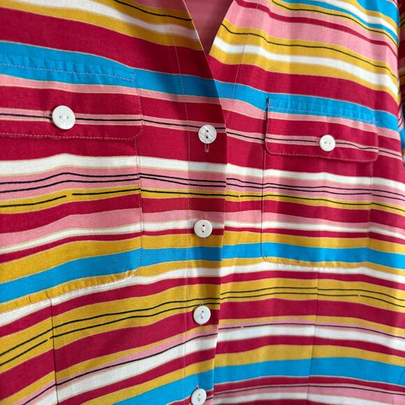 ANNE CARSON | Red Yellow and Blue striped Silk Button down Shirt | Large - Picture 3 of 8